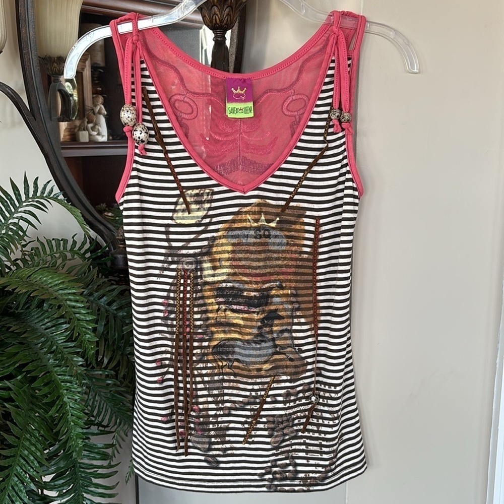 Save The Queen! V-Neck Tank Top Striped Embroidered Horse Beaded Mesh Back Italy